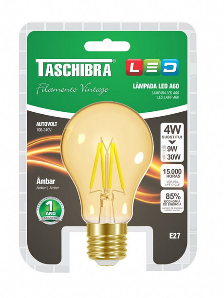 LAMPADA TASCHIBRA LED FILAM.VINTAGE A60 AUTOVOLT AMBAR 4W