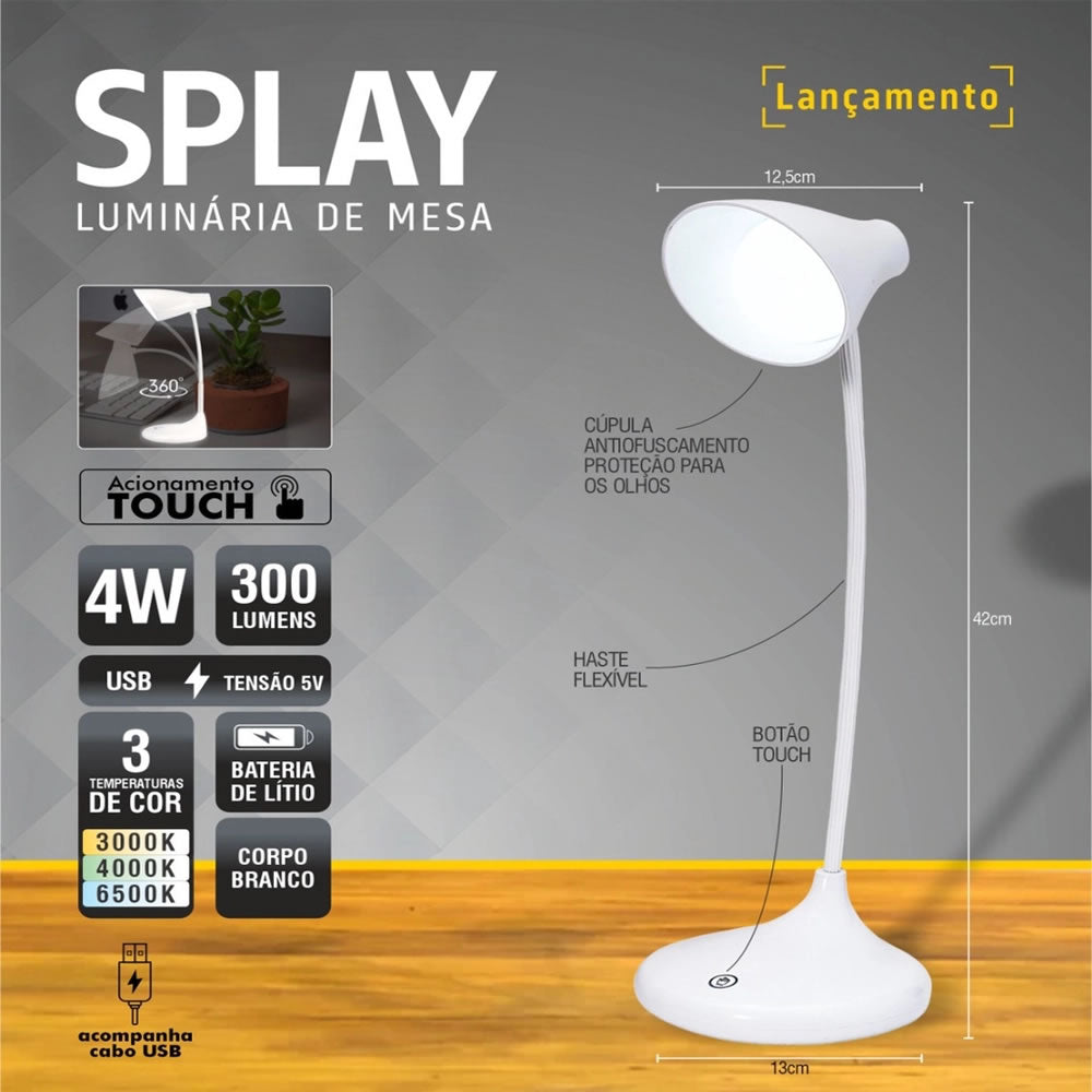 LUMINARIA DE MESA LED TASCHIBRA SPLAY RECARREGAVEL BR-DER/01