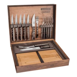 Kit para Churrasco com Lâminas em Inox e Cabos em Madeira Castanho com Caixa de Papelão 15 Peças - Tramontina